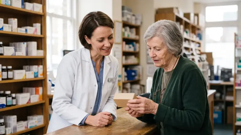 Farmaceutkinja razgovara sa starijim kupcem za pultom